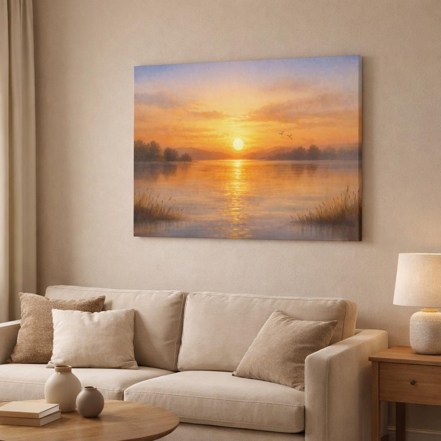 Watercolor Golden Sunset shown as canvas wall art in a modern living room