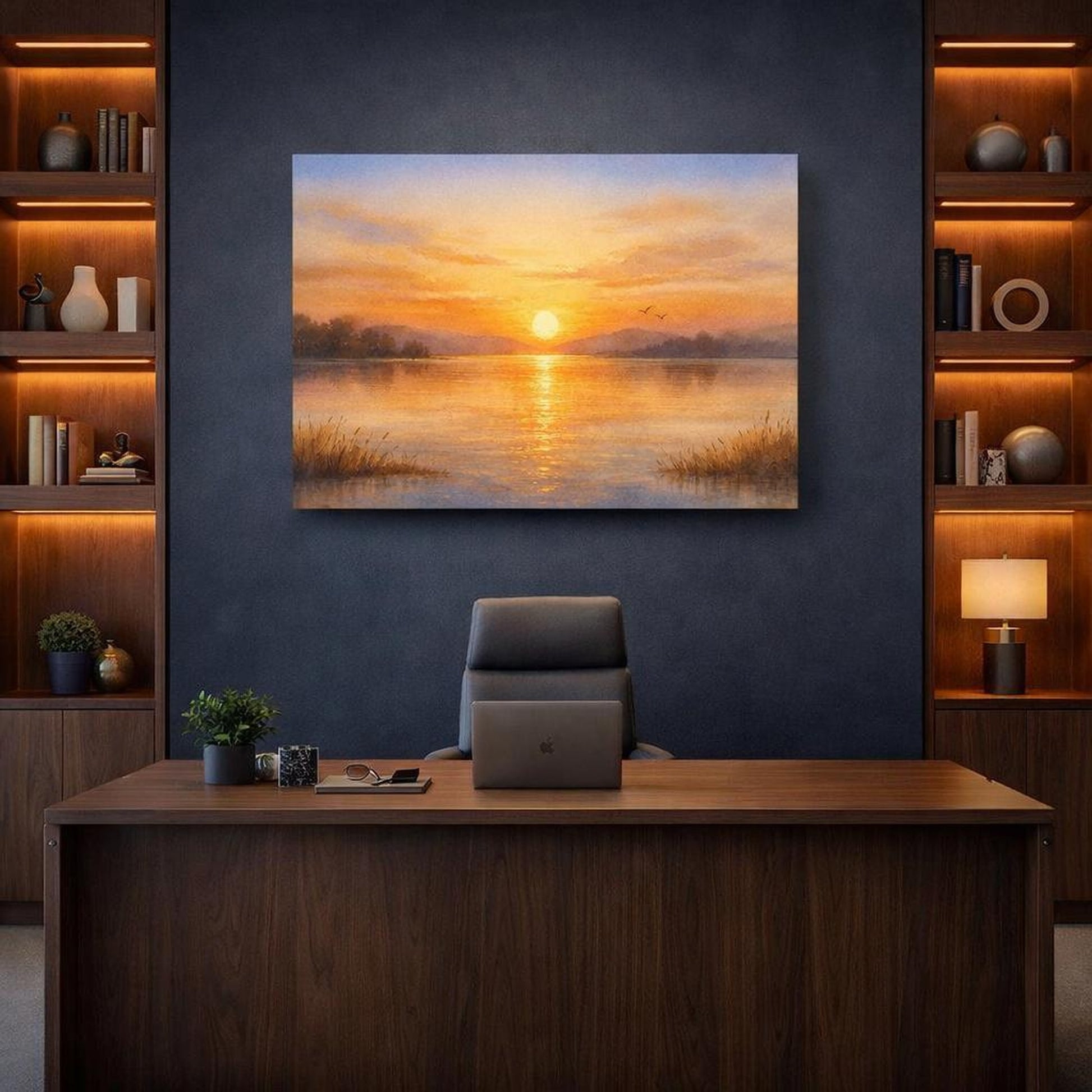 Watercolor Golden Sunset shown as canvas wall art in a refined dining room