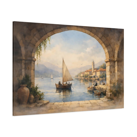 Watercolor Harbor Archway View shown as stretched canvas wall art