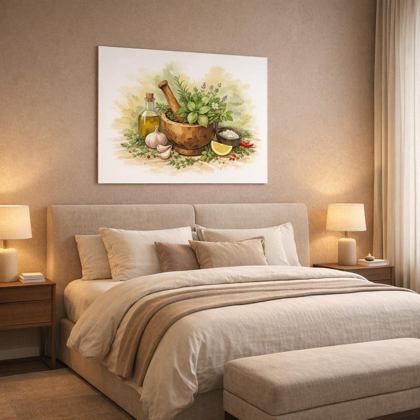 Watercolor Herb Kitchen Art shown as canvas wall art in a luxury bedroom