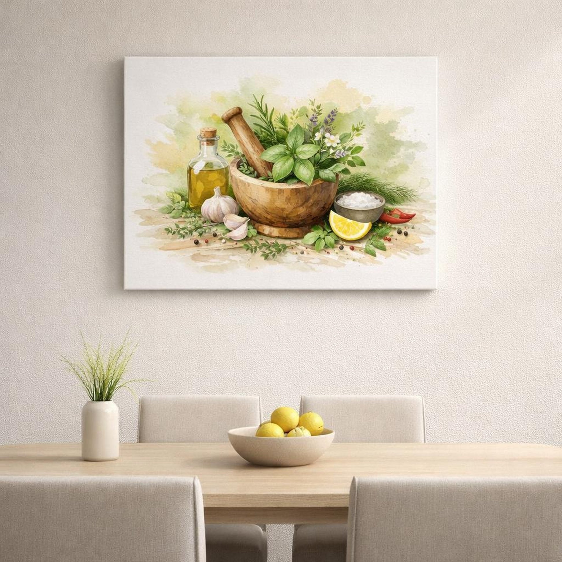 Watercolor Herb Kitchen Art shown as canvas wall art in an elegant contemporary kitchen