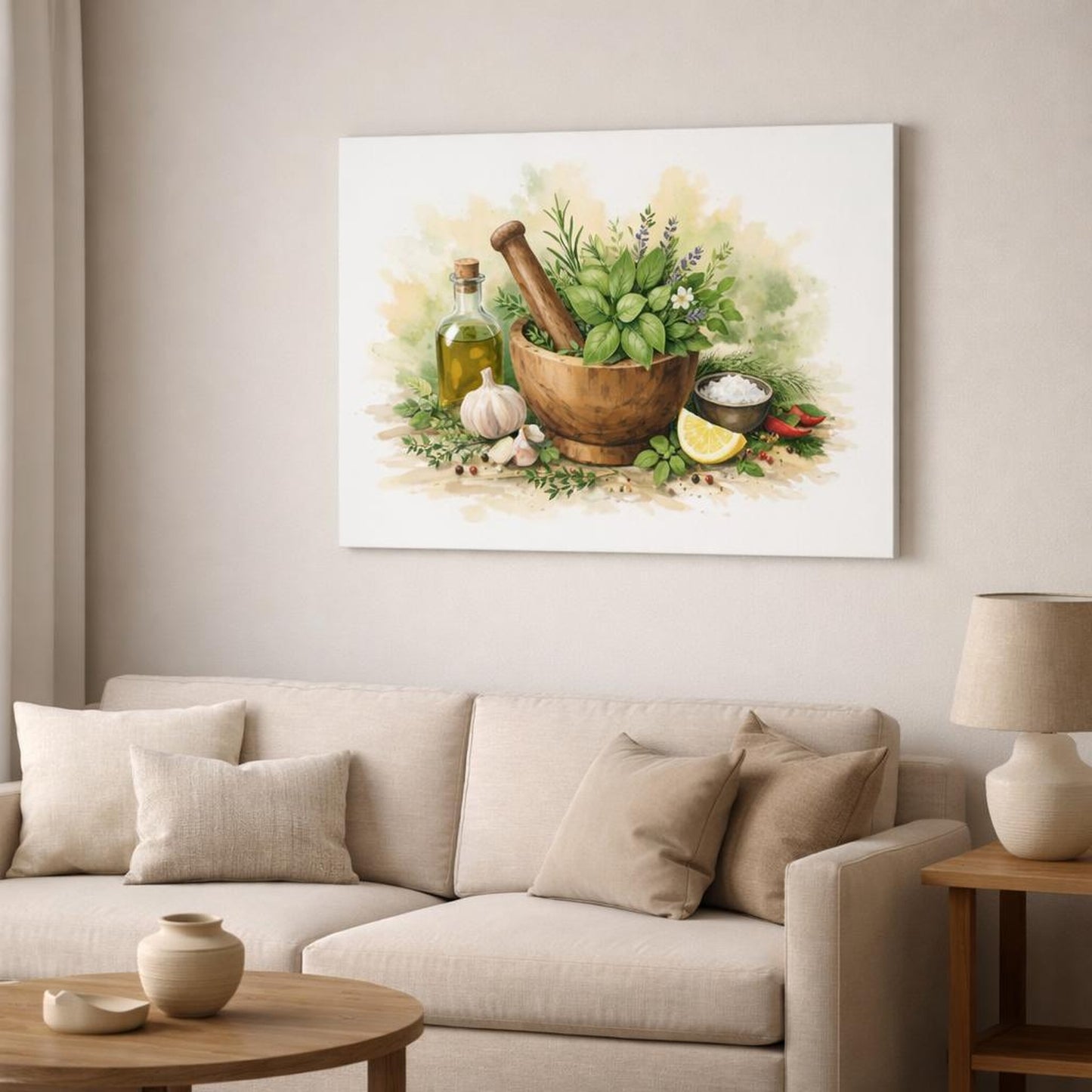 Watercolor Herb Kitchen Art shown as canvas wall art in a modern living room