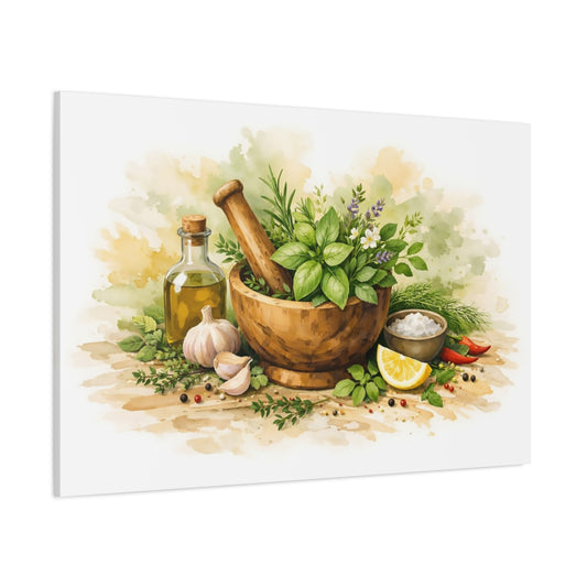 Watercolor Herb Kitchen Art shown as stretched canvas wall art