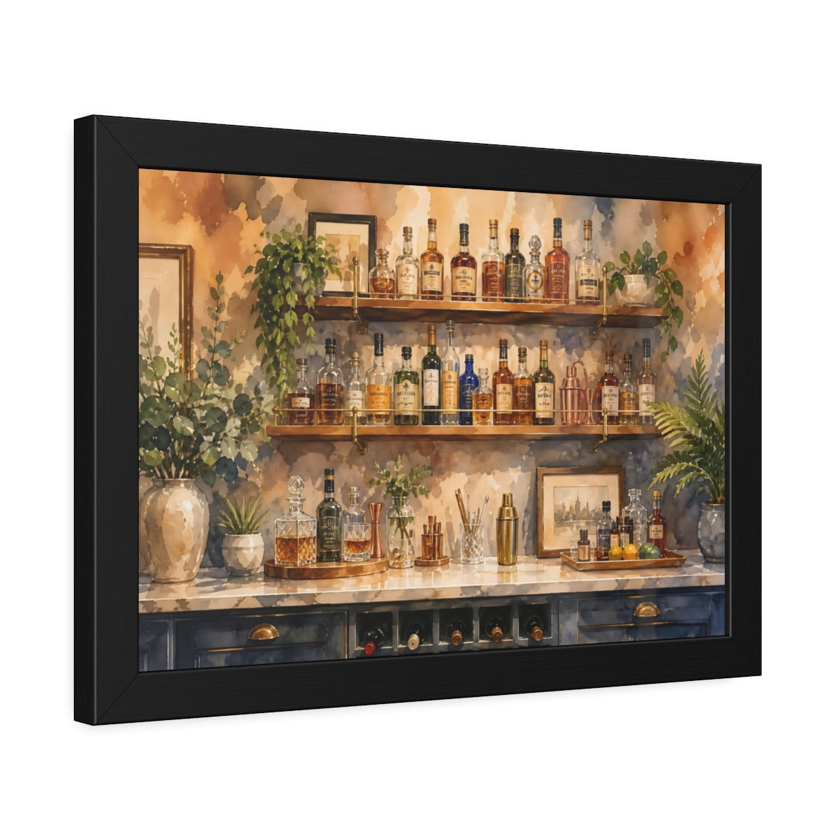 Side Mockup 5. Watercolor Home Bar Setup With Shelves And Bottles shown as framed posters