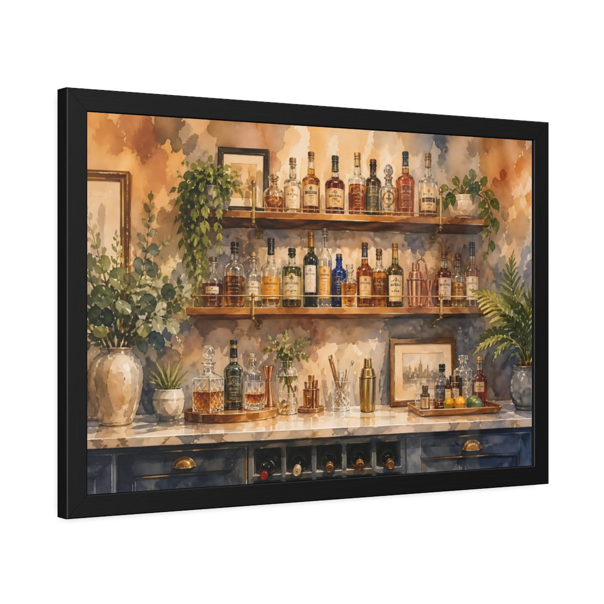 Side Mockup 3. Watercolor Home Bar Setup With Shelves And Bottles shown as framed posters
