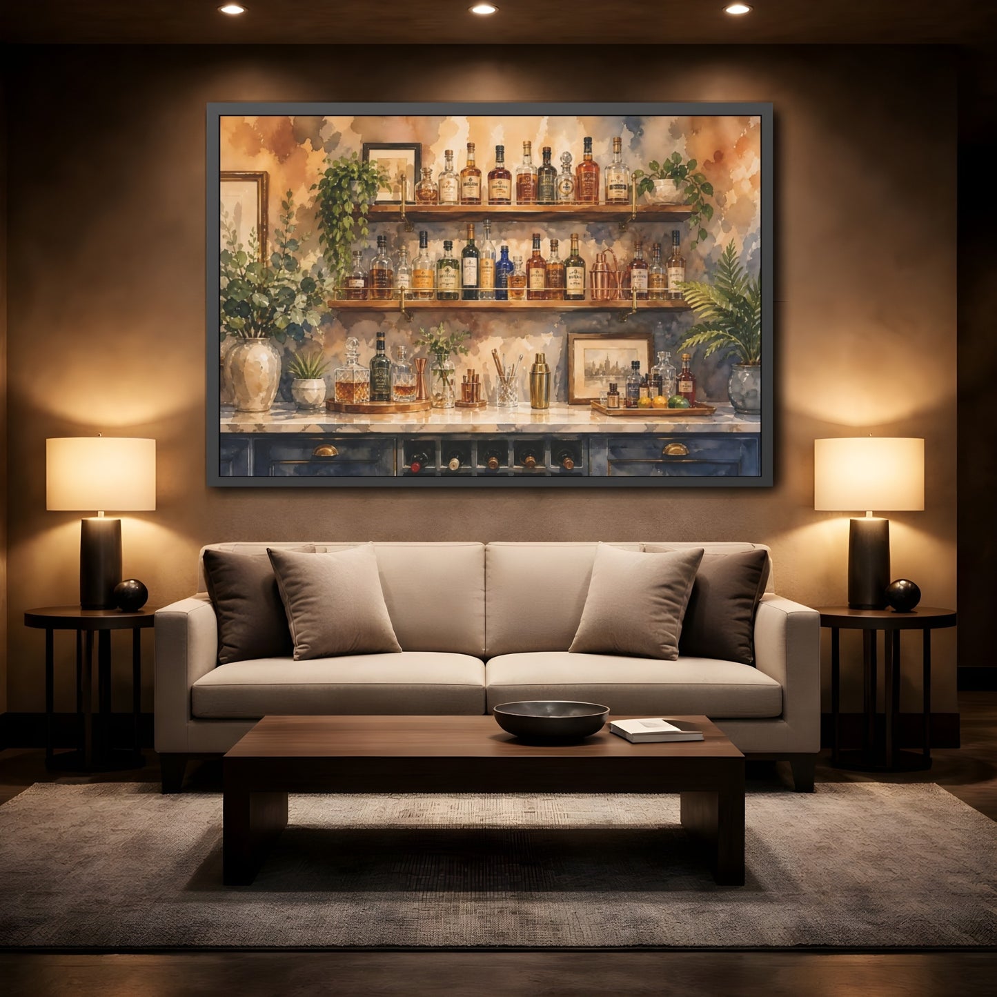 Mockup 2. Watercolor Home Bar Setup With Shelves And Bottles shown as framed posters