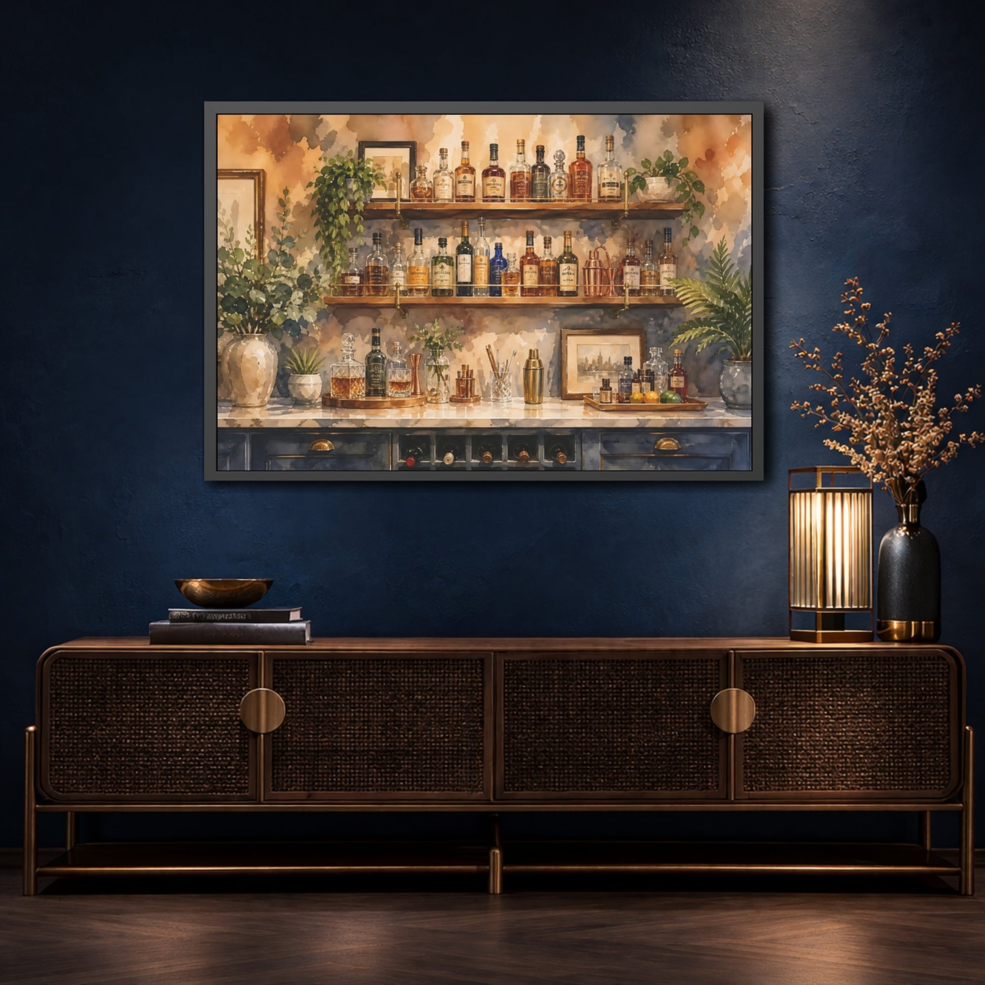 Mockup 3. Watercolor Home Bar Setup With Shelves And Bottles shown as framed posters