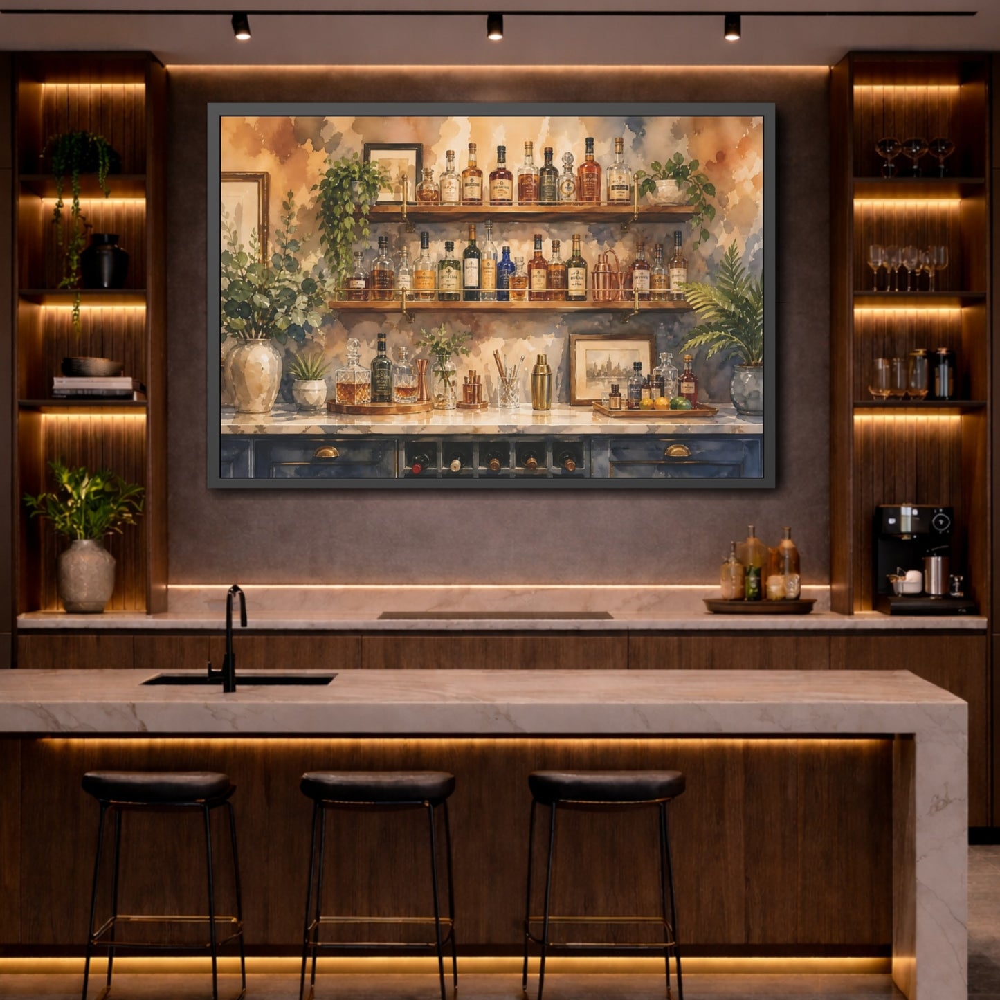 Mockup 4. Watercolor Home Bar Setup With Shelves And Bottles shown as framed posters
