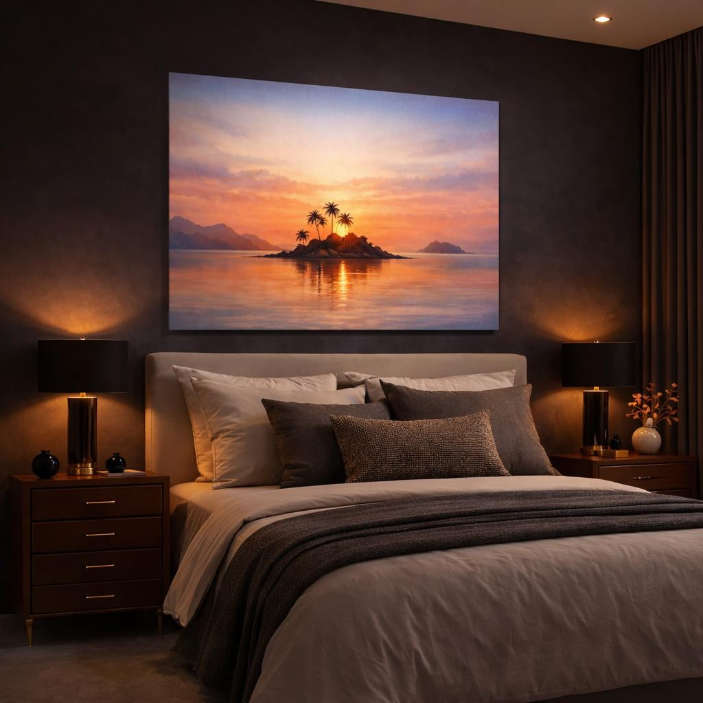 Watercolor Island Sunset shown as canvas wall art in a luxury bedroom