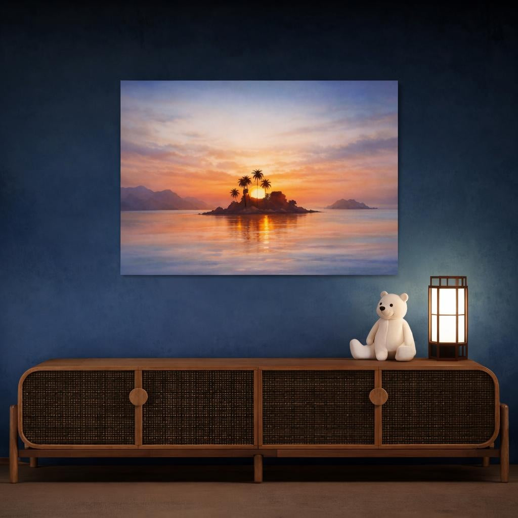 Watercolor Island Sunset shown as canvas wall art in a refined dining room