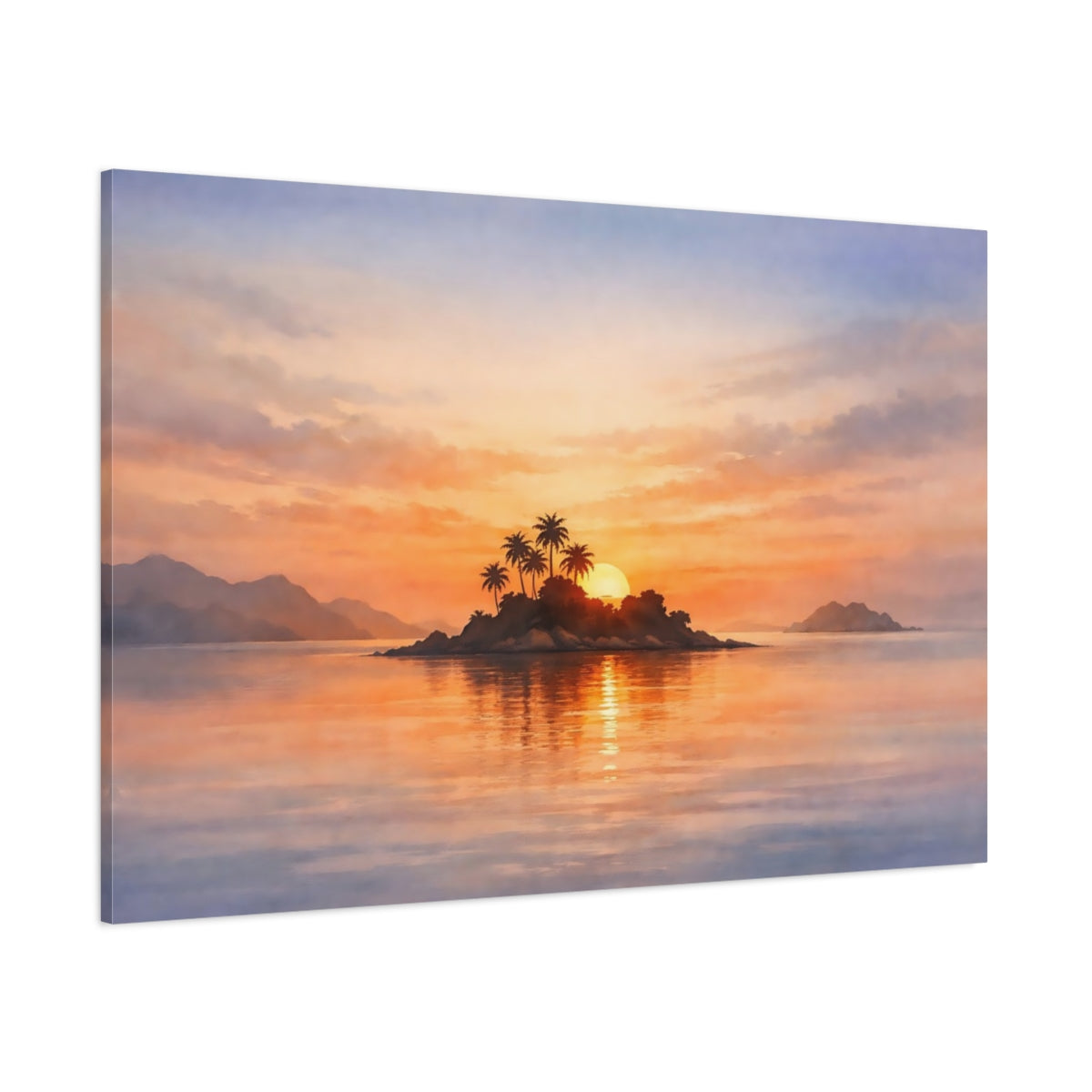 Watercolor Island Sunset shown as stretched canvas wall art