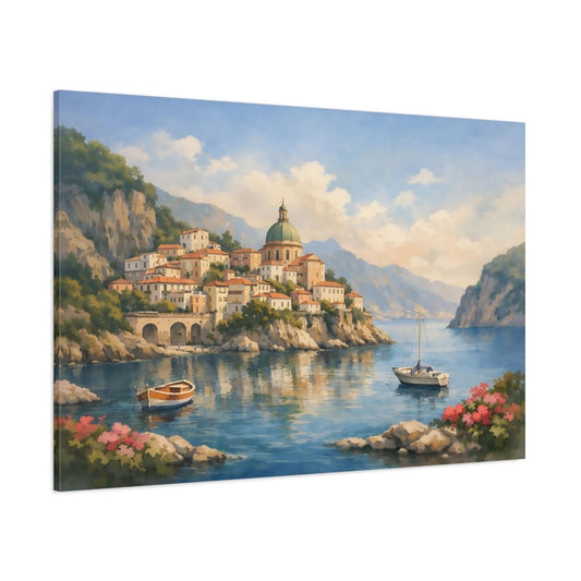 Watercolor Italian Coast Coastal Town Nature - Canvas Wall Art Print - YesArtYes
