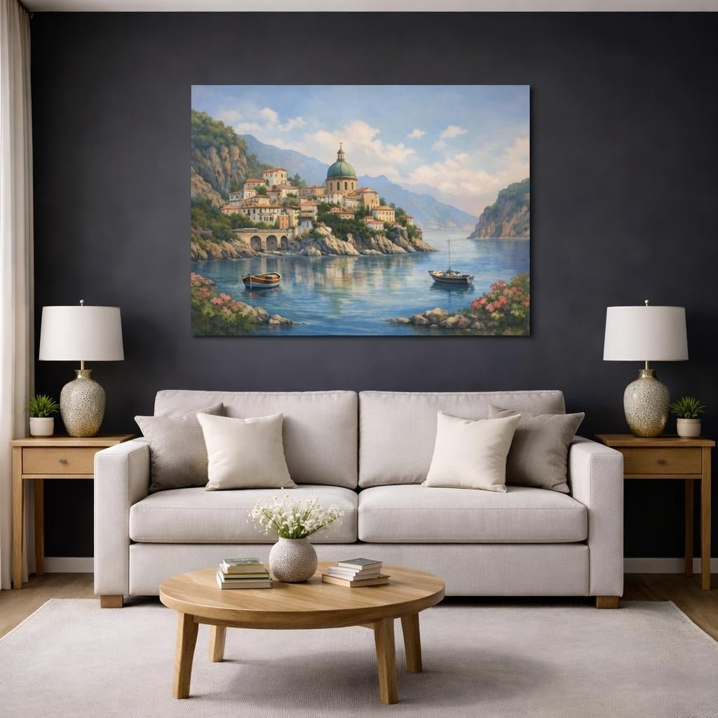 Watercolor Italian Coast Coastal Town Nature - Canvas Wall Art Print - YesArtYes