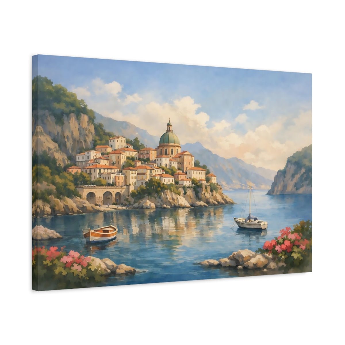 Watercolor Italian Coast Coastal Town Nature - Canvas Wall Art Print - YesArtYes