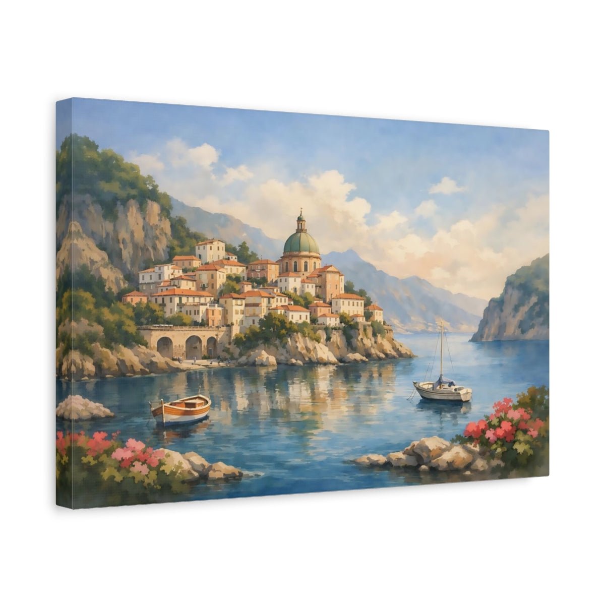 Watercolor Italian Coast Coastal Town Nature - Canvas Wall Art Print - YesArtYes