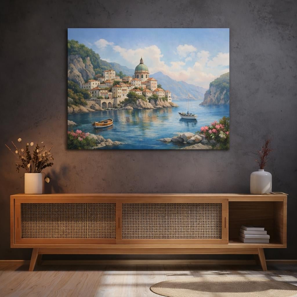 Watercolor Italian Coast Coastal Town Nature - Canvas Wall Art Print - YesArtYes