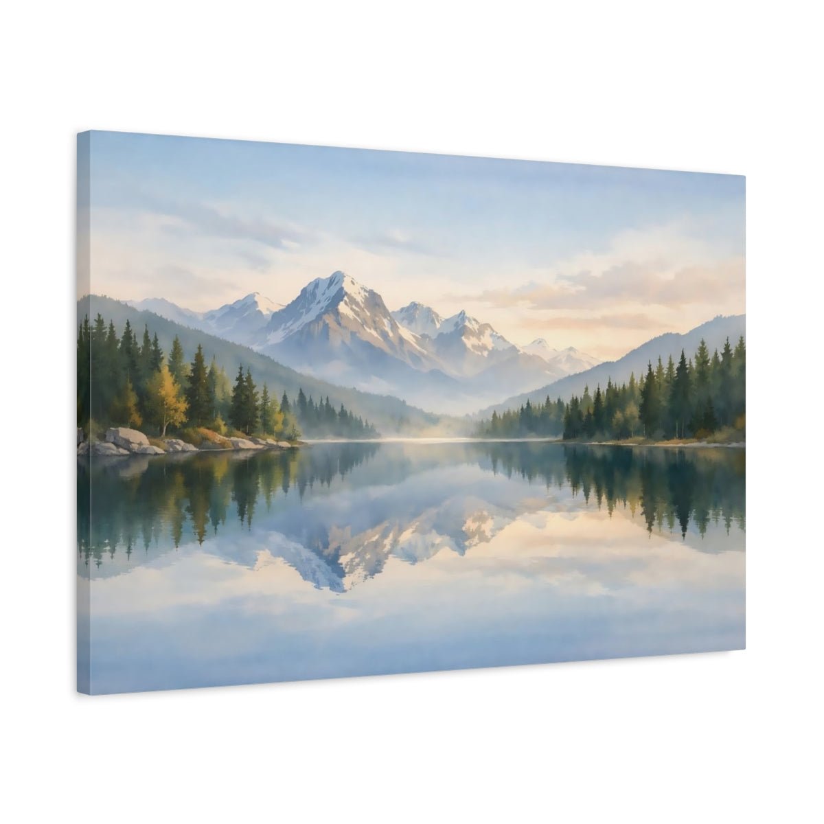 Watercolor Lake Reflection Mountain Nature - Canvas Wall Art Print - YesArtYes