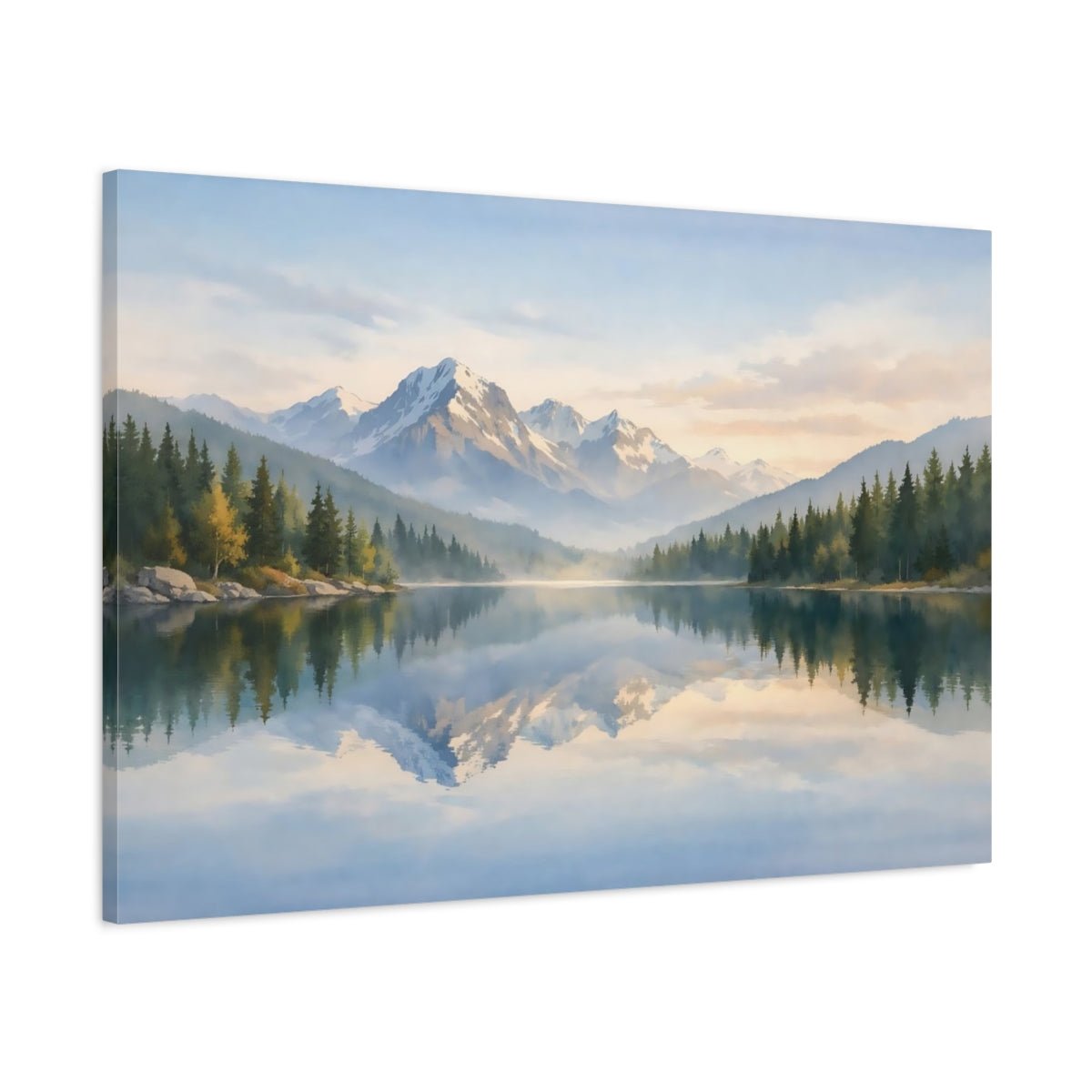 Watercolor Lake Reflection Mountain Nature - Canvas Wall Art Print - YesArtYes