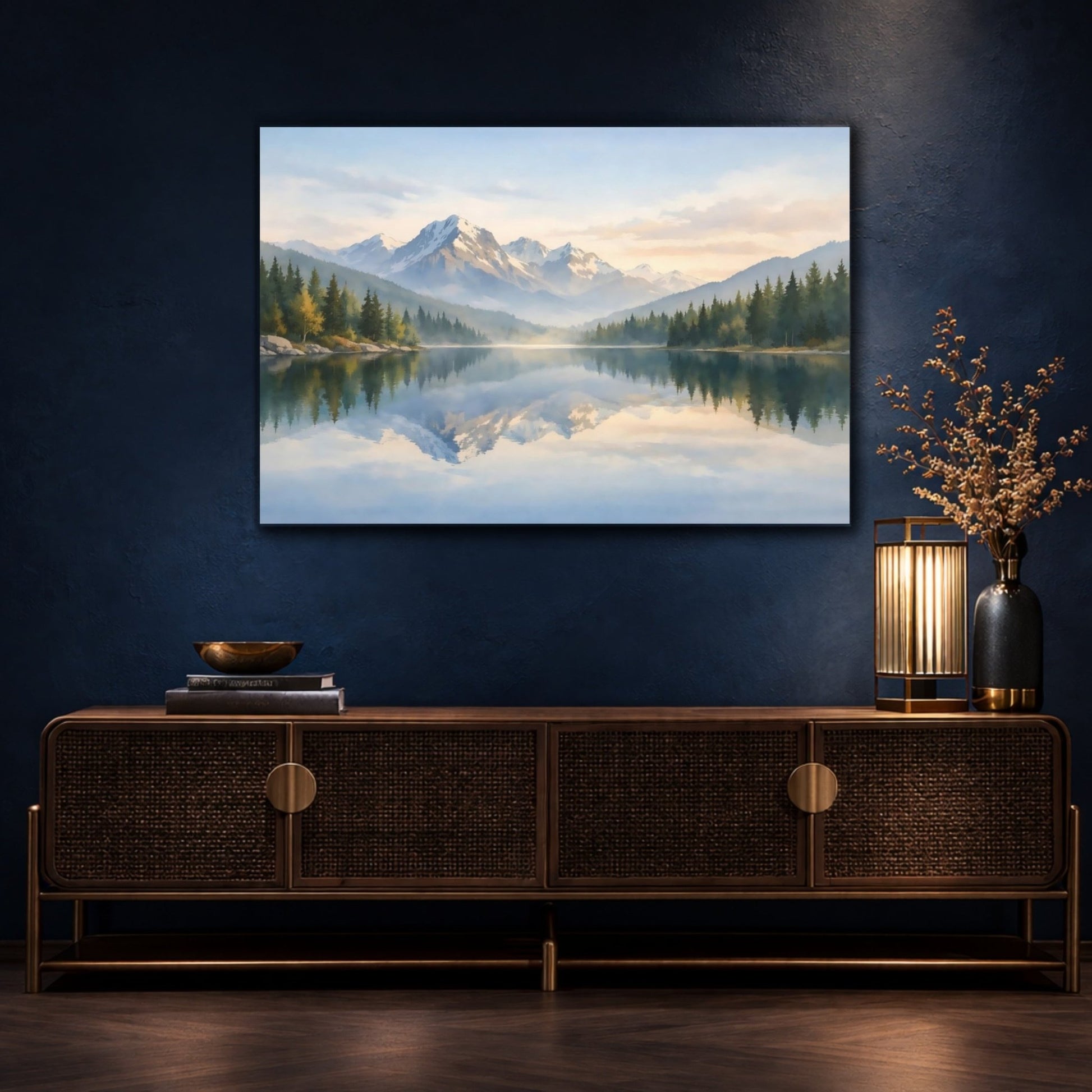 Watercolor Lake Reflection Mountain Nature - Canvas Wall Art Print - YesArtYes