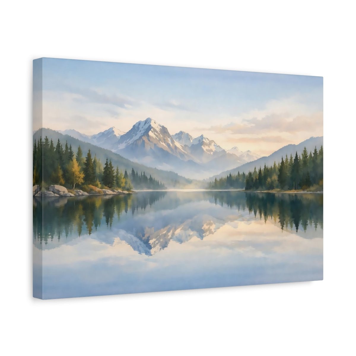 Watercolor Lake Reflection Mountain Nature - Canvas Wall Art Print - YesArtYes