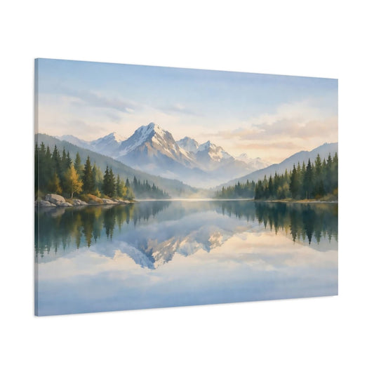 Watercolor Lake Reflection Mountain Nature - Canvas Wall Art Print - YesArtYes