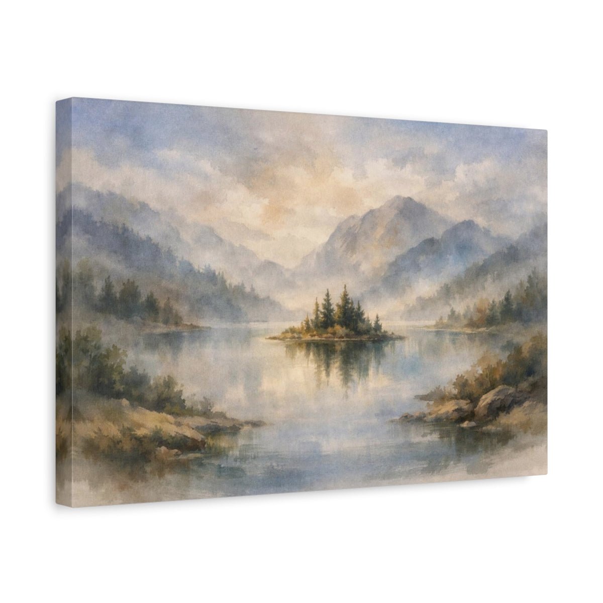 Watercolor Landscape Mist Lake Island Nature - Canvas Wall Art Print - YesArtYes