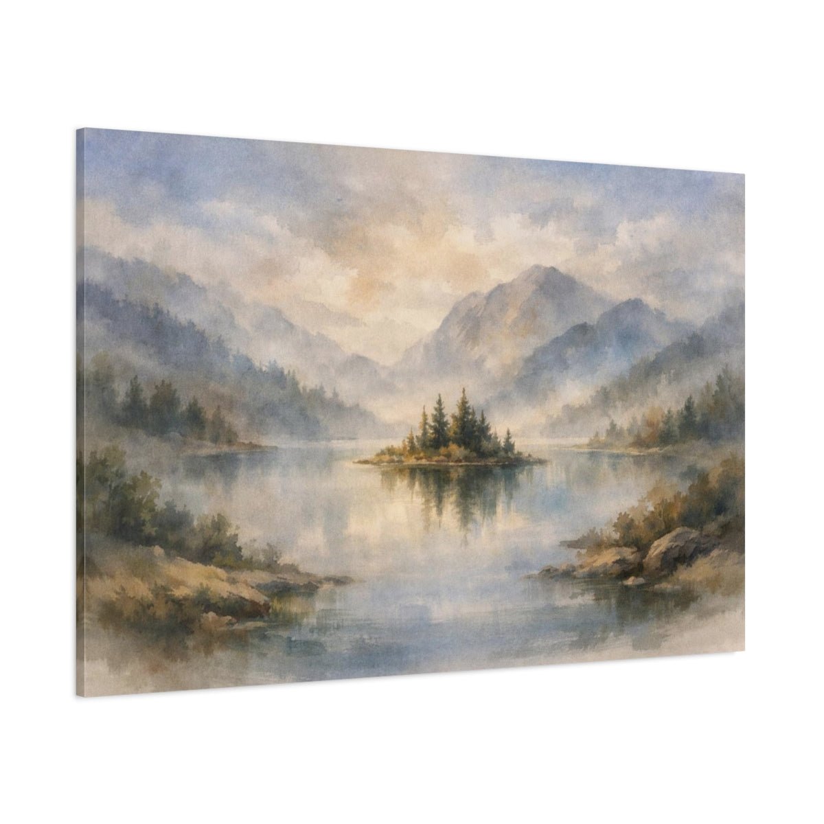 Watercolor Landscape Mist Lake Island Nature - Canvas Wall Art Print - YesArtYes