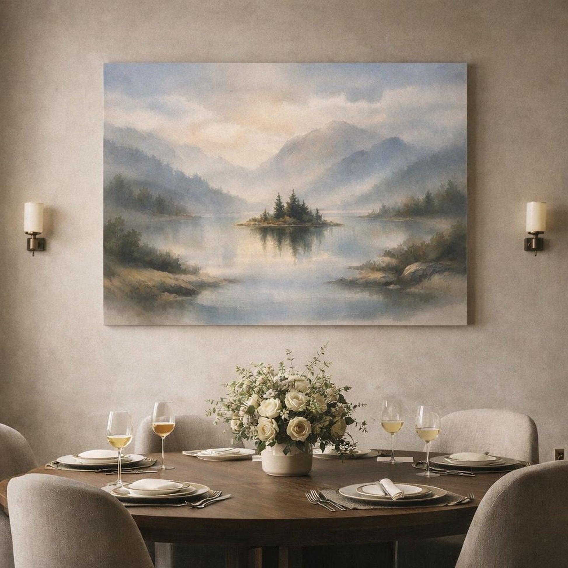 Watercolor Landscape Mist Lake Island Nature - Canvas Wall Art Print - YesArtYes