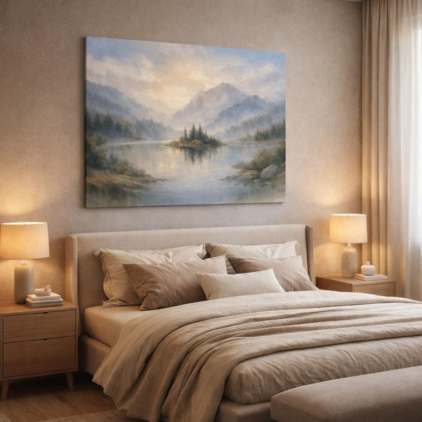 Watercolor Landscape Mist Lake Island Nature - Canvas Wall Art Print - YesArtYes