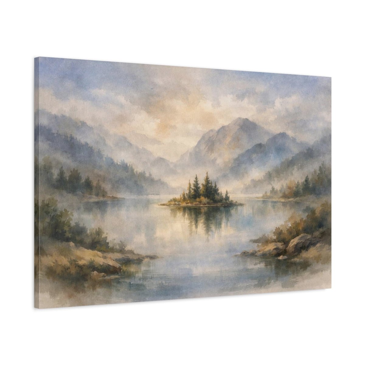 Watercolor Landscape Mist Lake Island Nature - Canvas Wall Art Print - YesArtYes