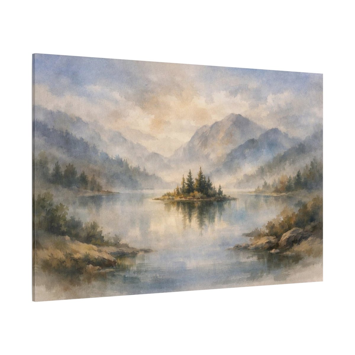 Watercolor Landscape Mist Lake Island Nature - Canvas Wall Art Print - YesArtYes