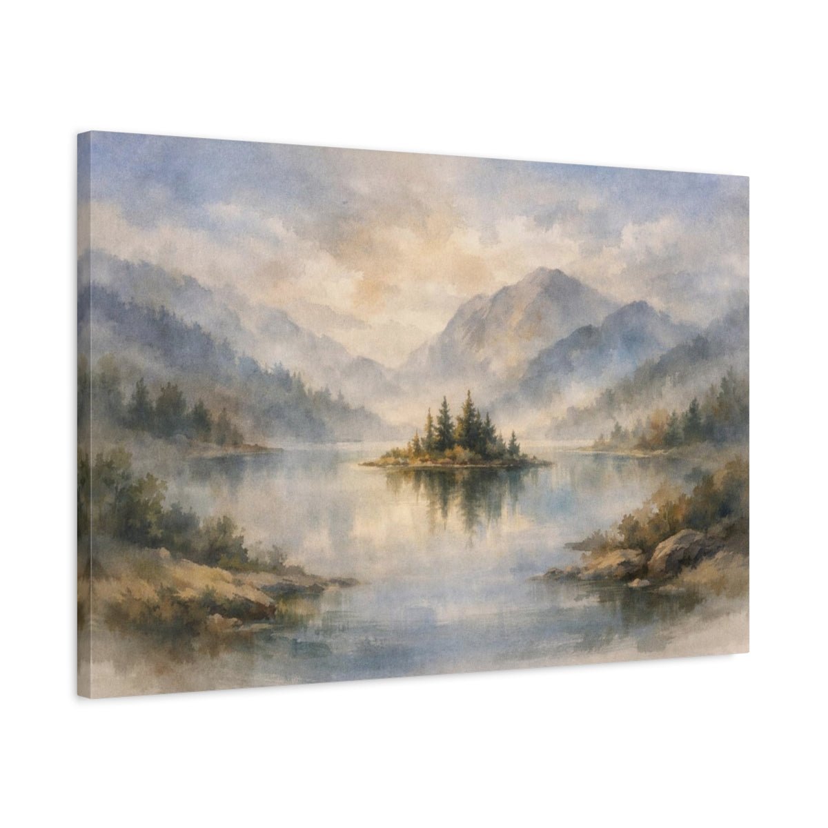 Watercolor Landscape Mist Lake Island Nature - Canvas Wall Art Print - YesArtYes