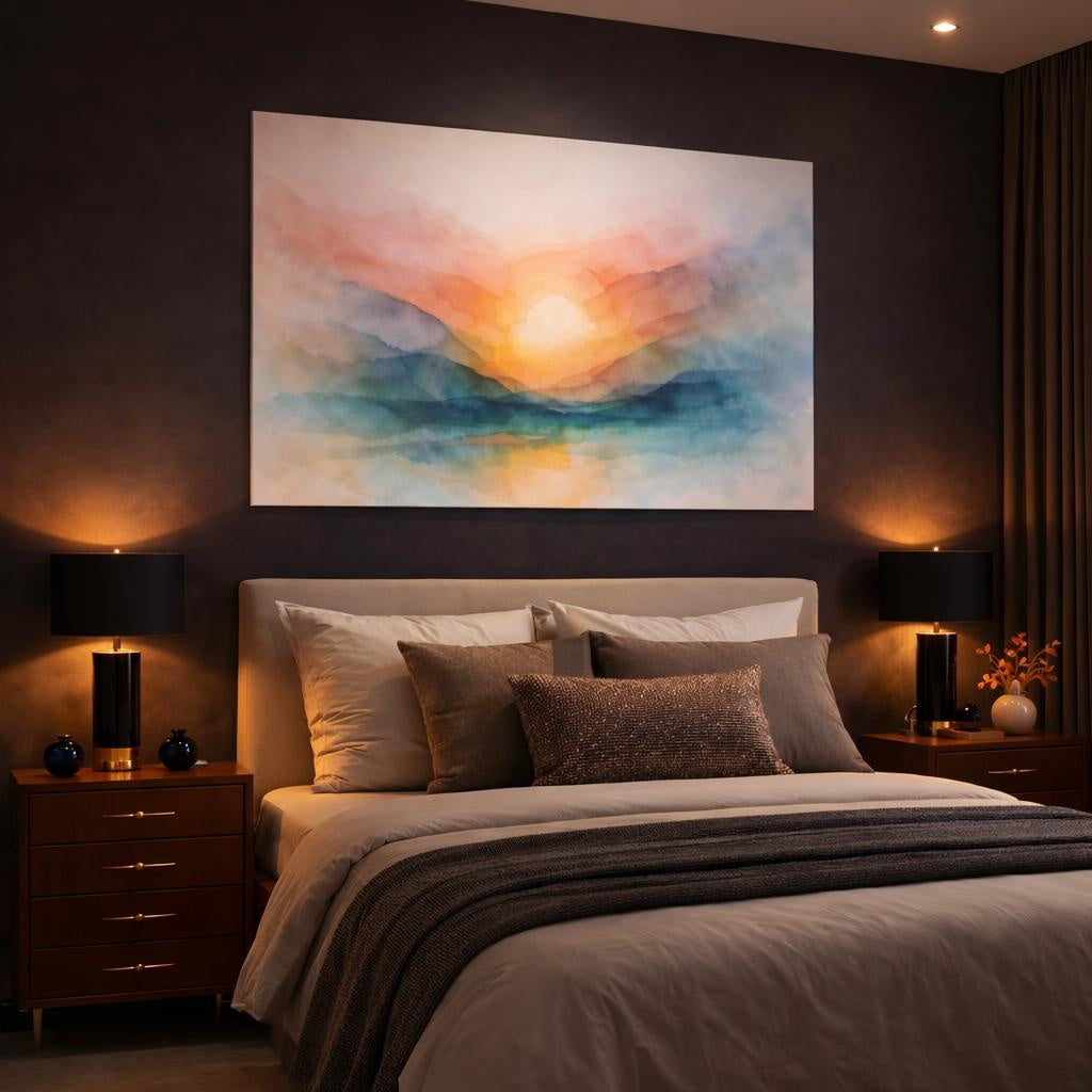 Watercolor Layered Abstract shown as canvas wall art in a luxury bedroom