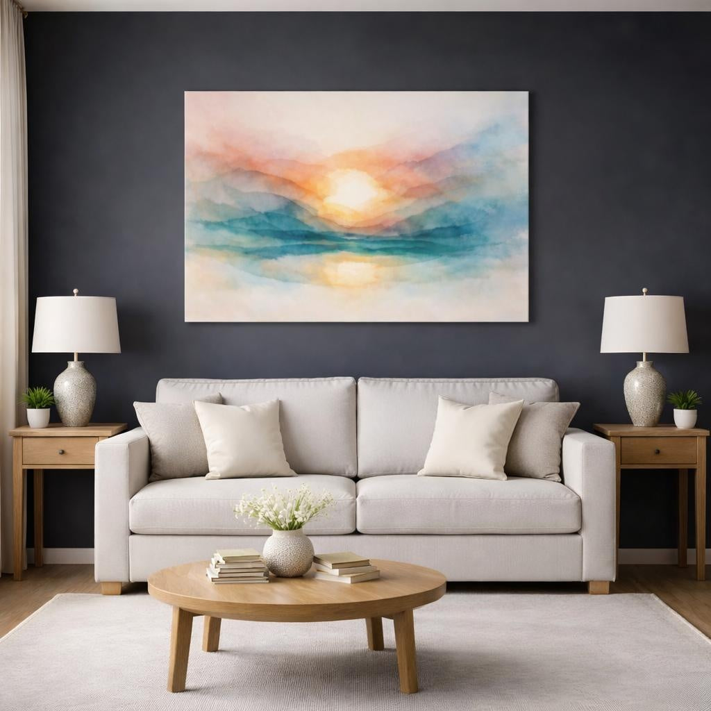 Watercolor Layered Abstract shown as canvas wall art in a modern living room