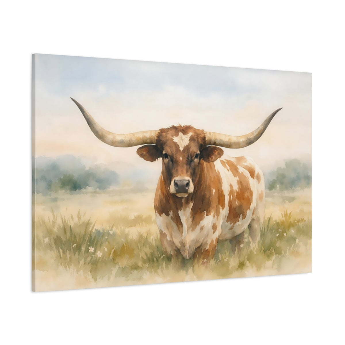 Watercolor Longhorn Cow shown as stretched canvas wall art