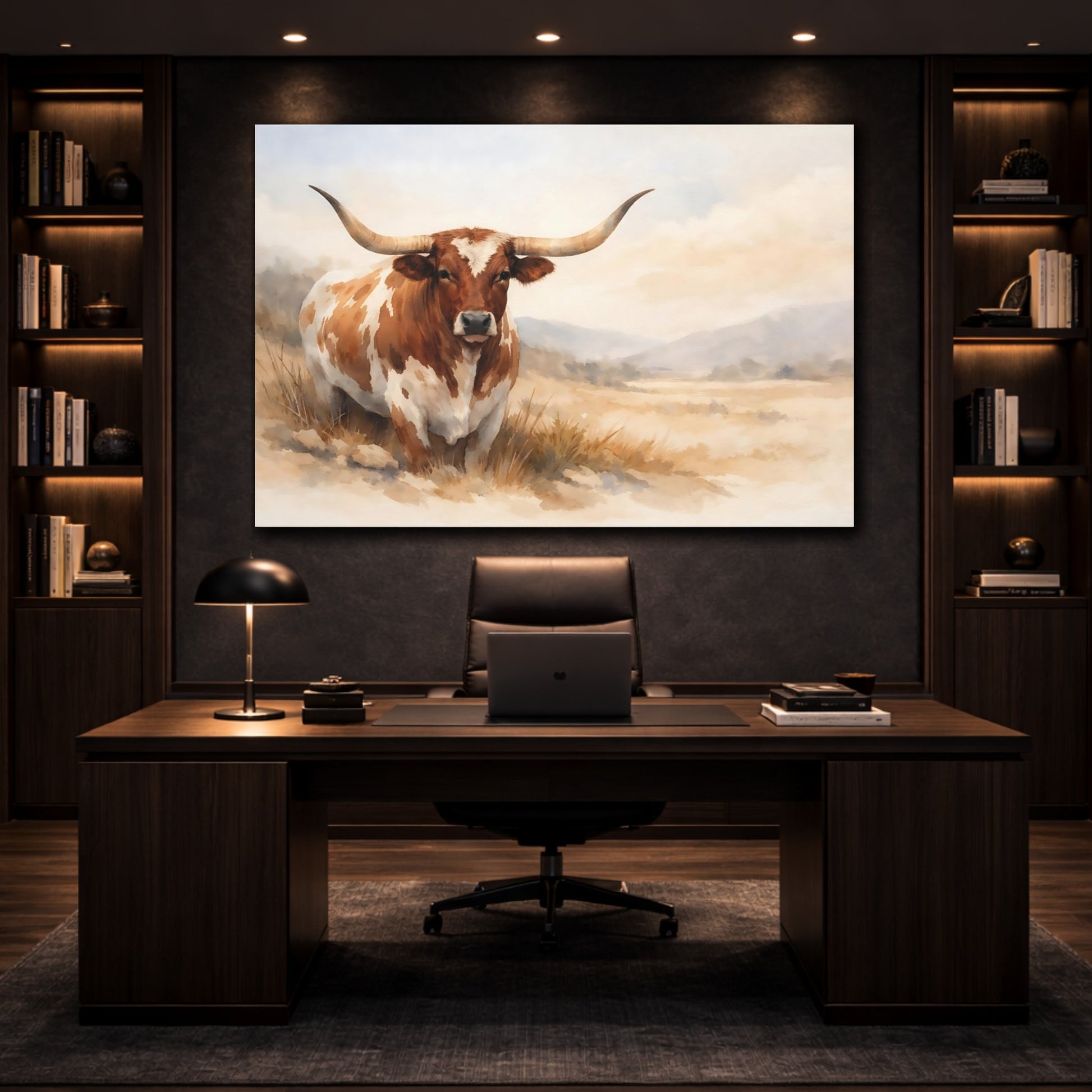 Mockup 2. Watercolor Longhorn Cow shown as stretched canvas wall art