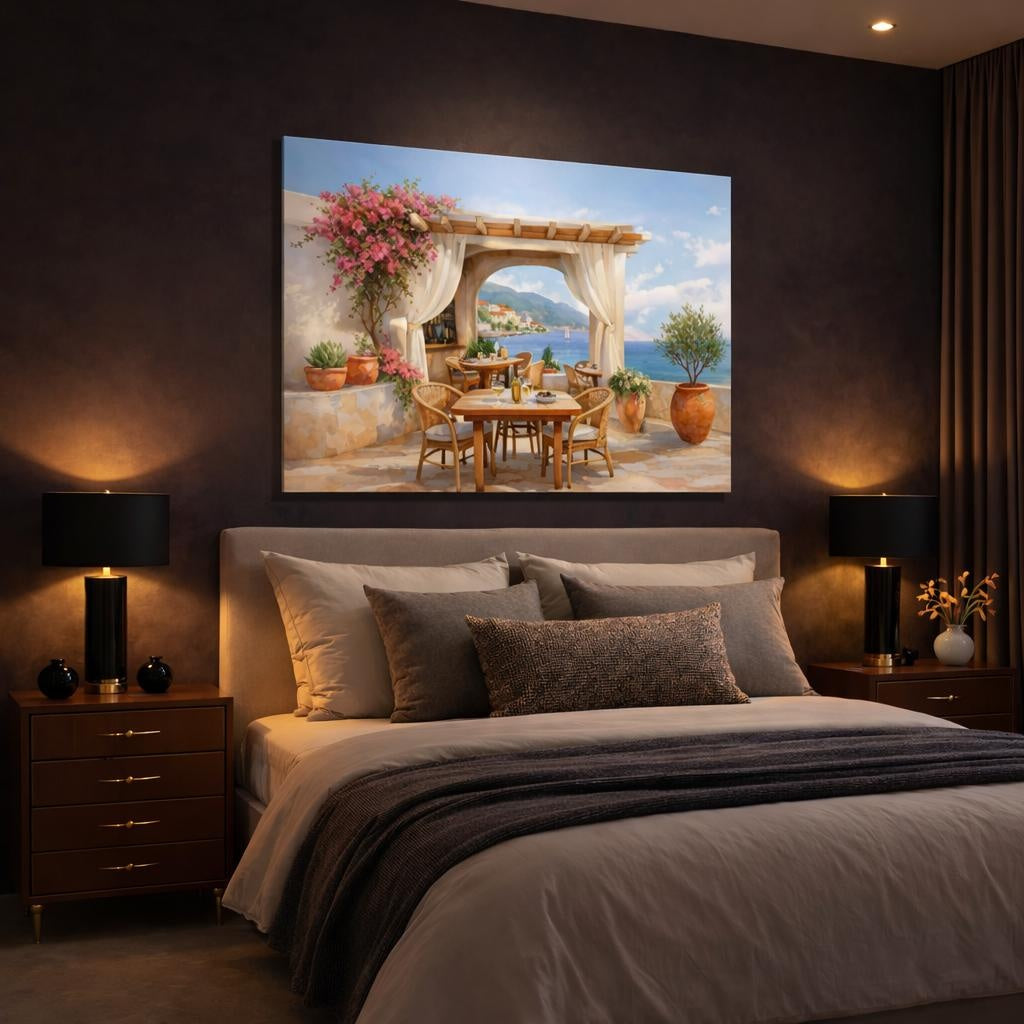 Watercolor Mediterranean Cafe Terrace shown as canvas wall art in a luxury bedroom