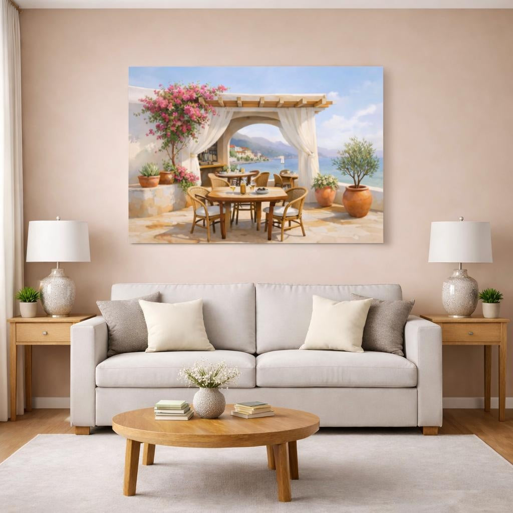 Watercolor Mediterranean Cafe Terrace shown as canvas wall art in a modern living room