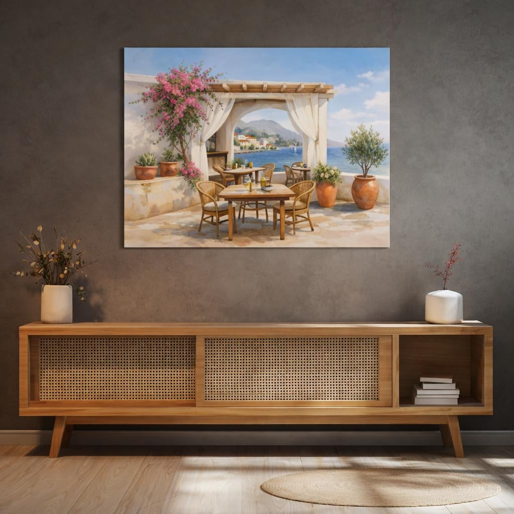 Watercolor Mediterranean Cafe Terrace shown as canvas wall art in a refined dining room
