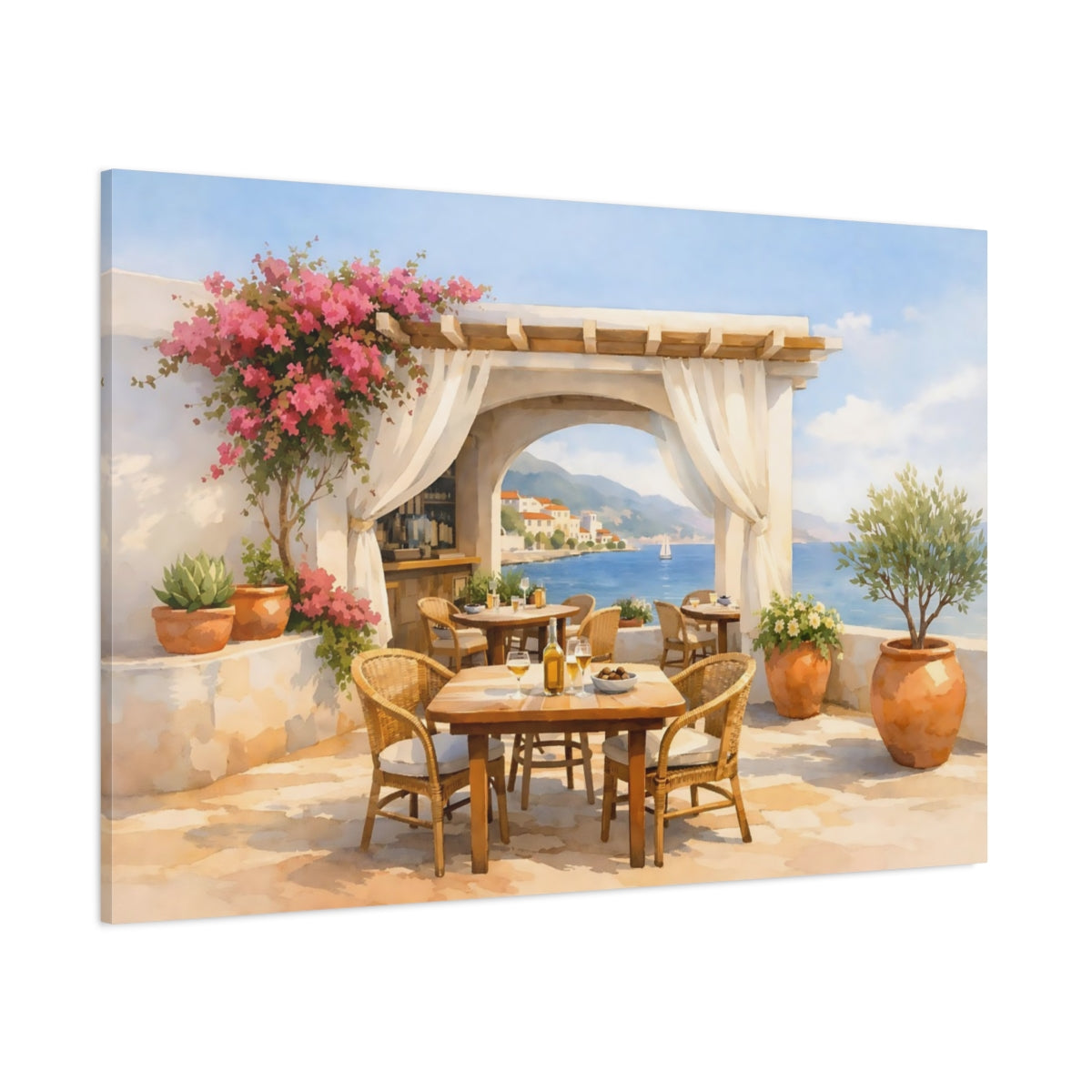 Watercolor Mediterranean Cafe Terrace shown as stretched canvas wall art