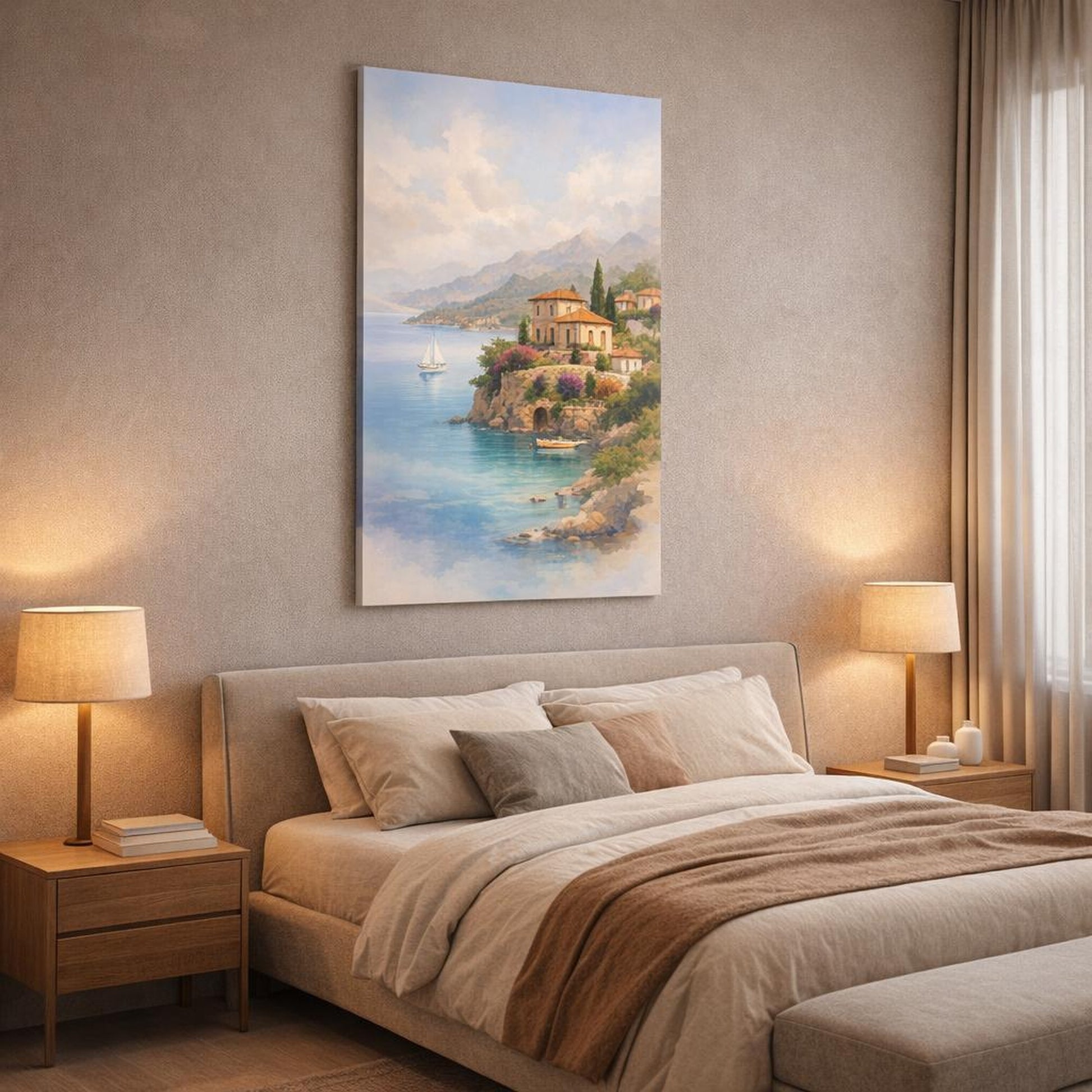 Watercolor Mediterranean Coast shown as canvas wall art in a luxury bedroom
