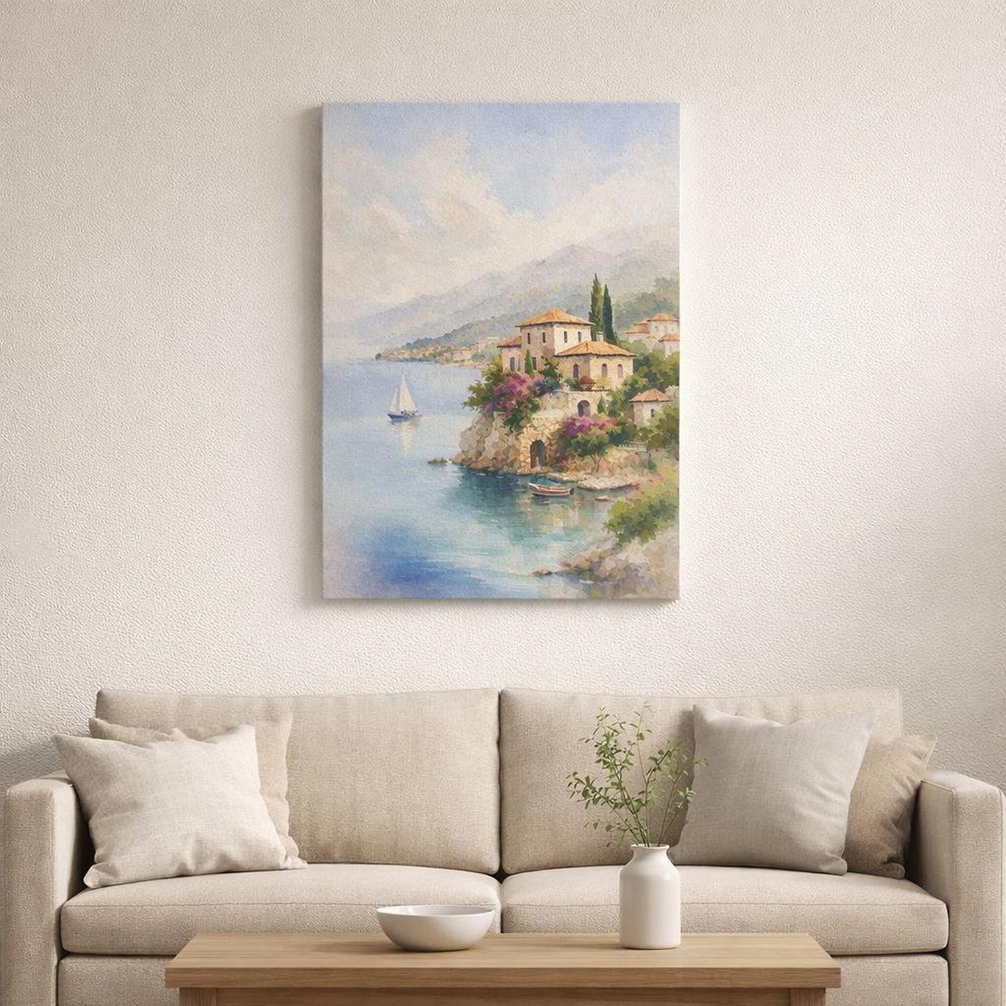 Watercolor Mediterranean Coast shown as canvas wall art in a luxury executive office