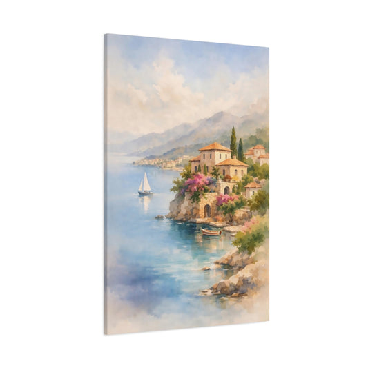 Watercolor Mediterranean Coast shown as stretched canvas wall art