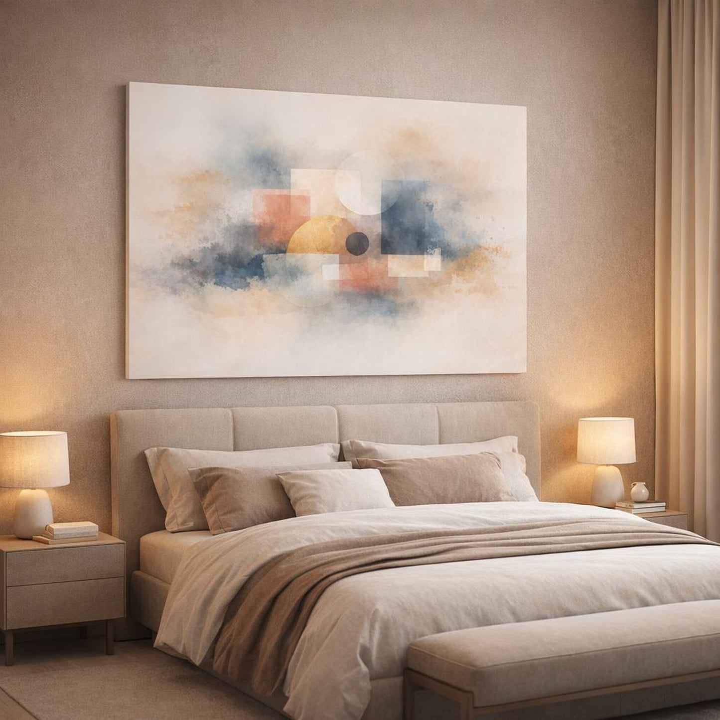 Watercolor Modern Abstract shown as canvas wall art in a luxury bedroom