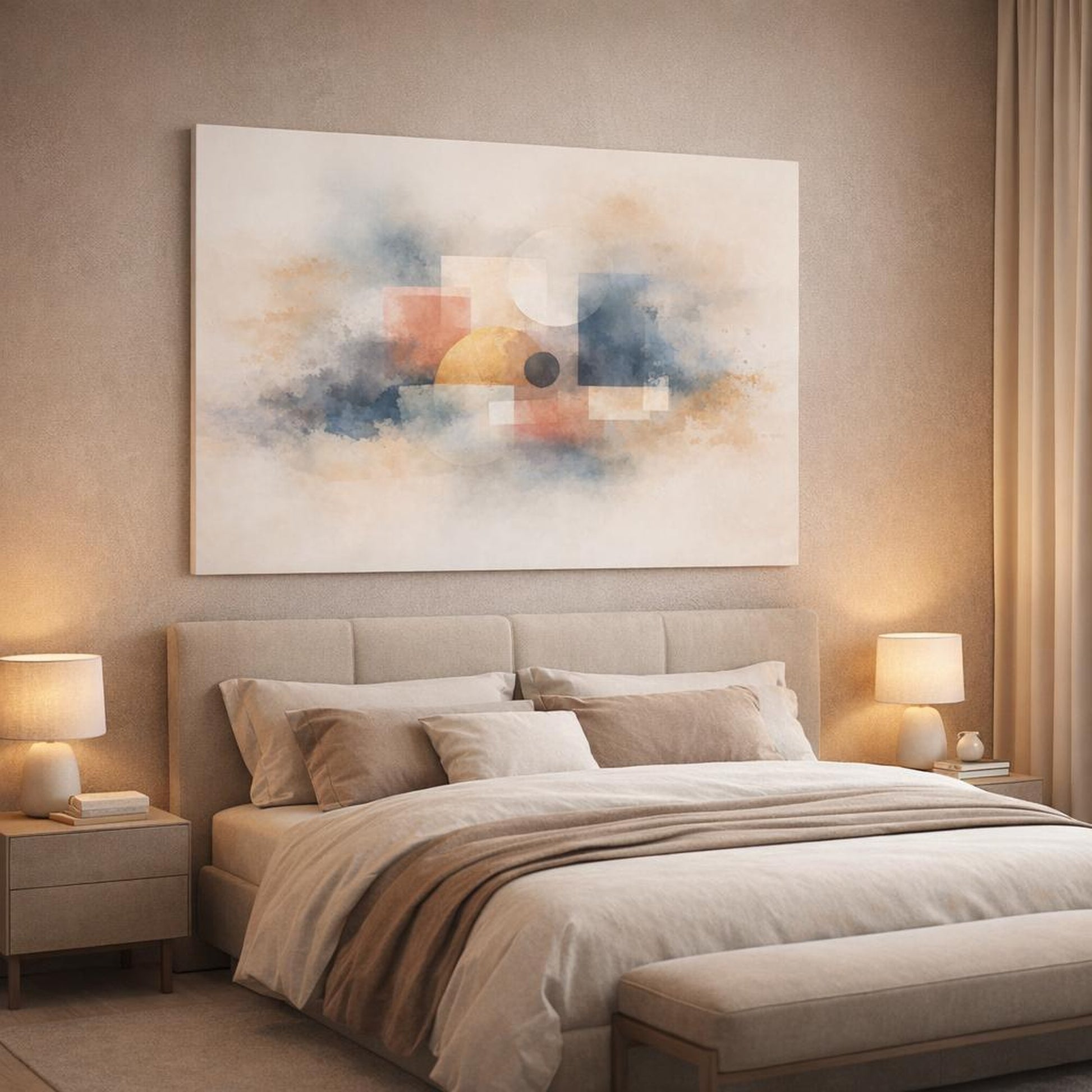 Watercolor Modern Abstract shown as canvas wall art in a luxury bedroom