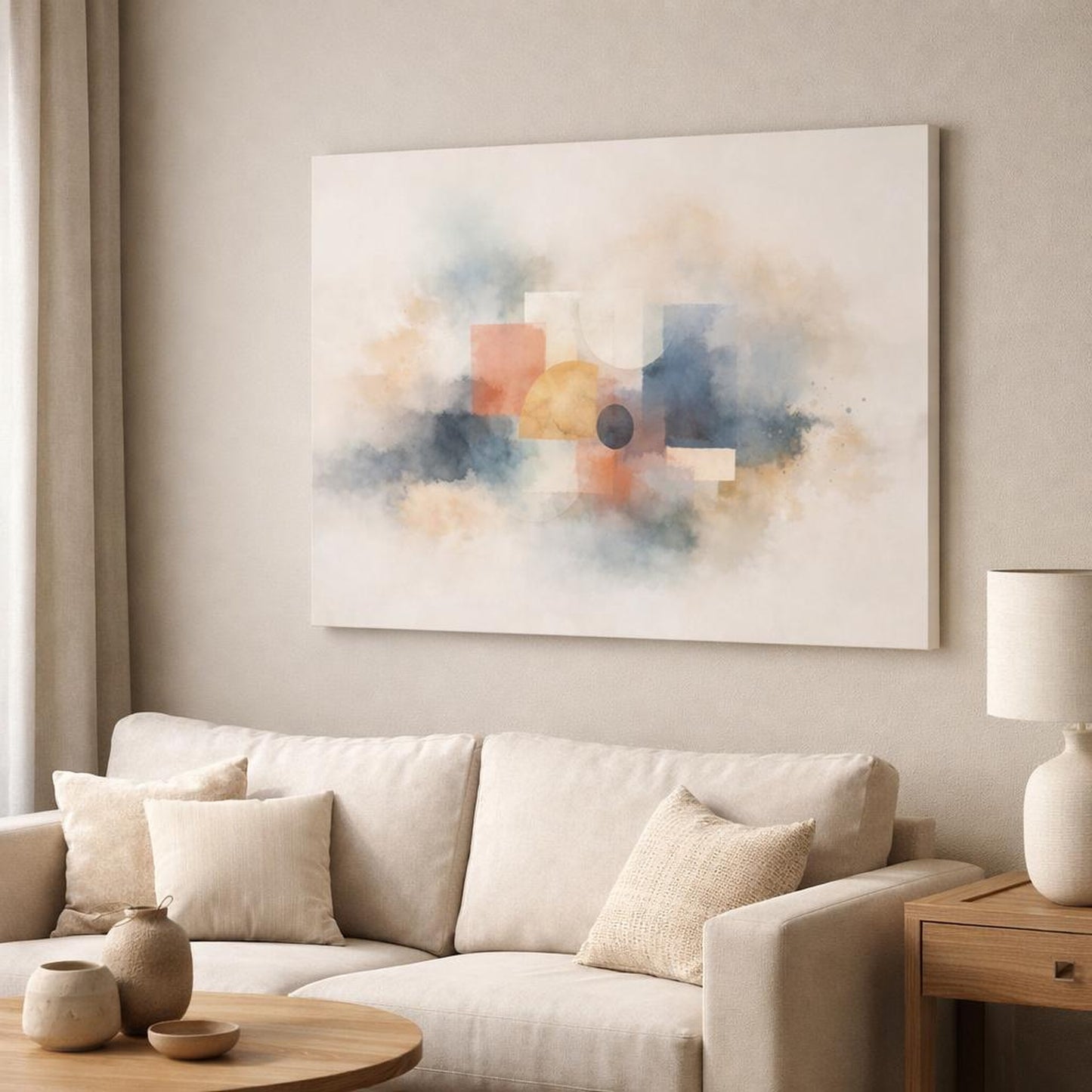 Watercolor Modern Abstract shown as canvas wall art in a modern living room