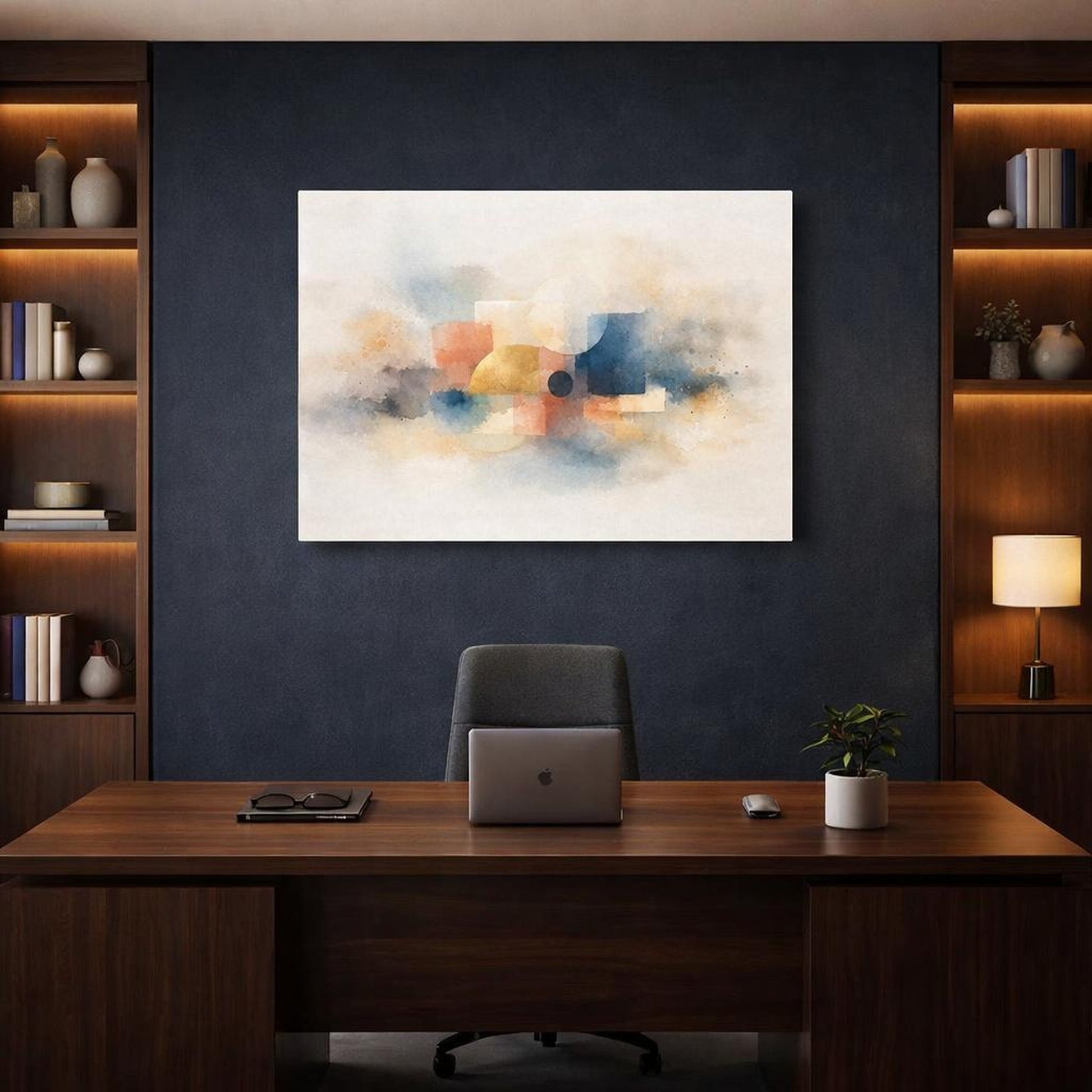 Watercolor Modern Abstract shown as canvas wall art in a luxury executive office