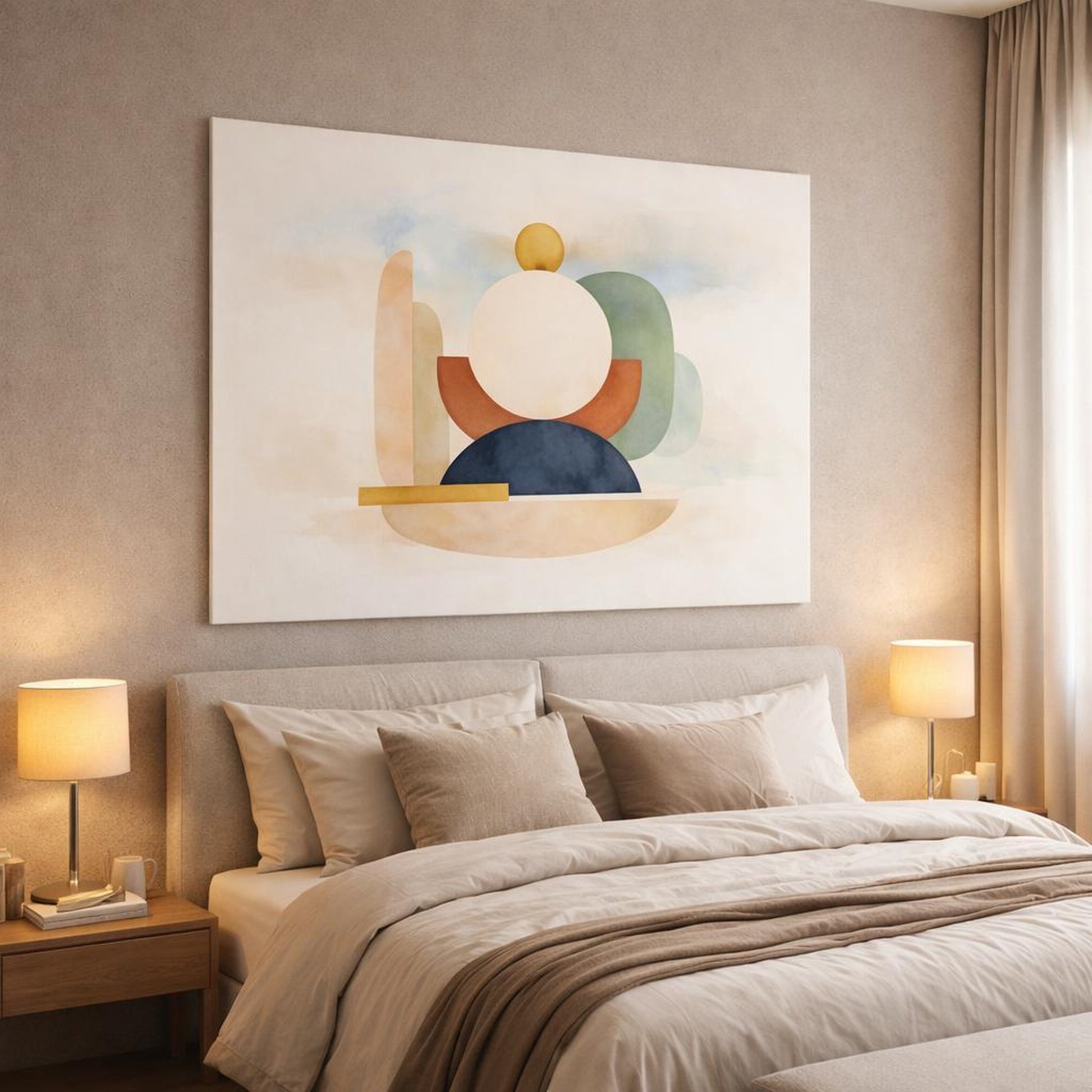 Watercolor Modern Shapes shown as canvas wall art in a luxury bedroom