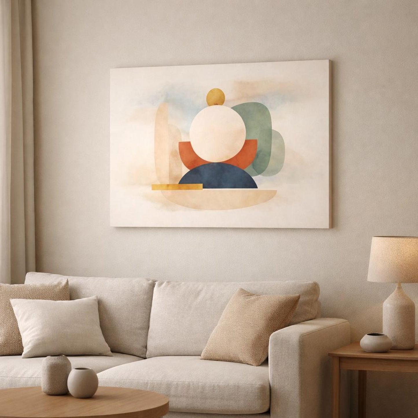 Watercolor Modern Shapes shown as canvas wall art in a modern living room