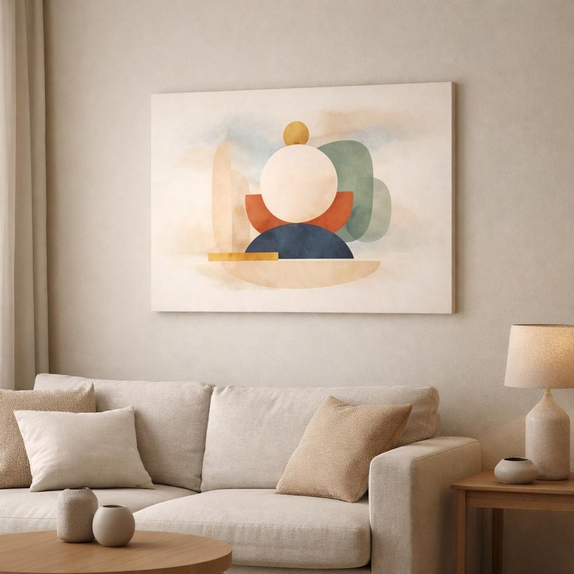 Watercolor Modern Shapes shown as canvas wall art in a modern living room